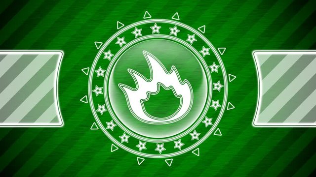 Flame icon in circle shape and green striped background. Illustration.