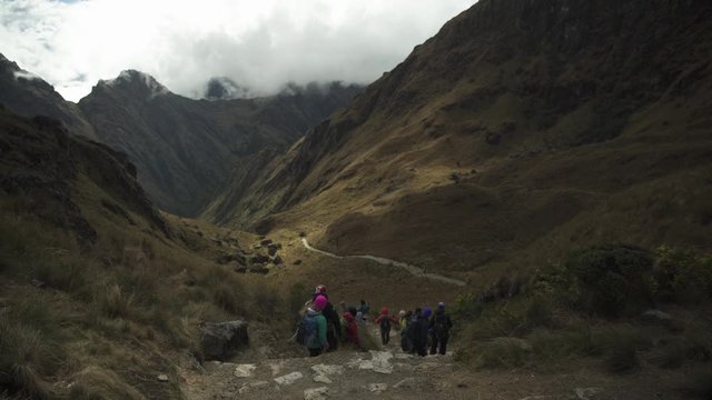 Group of hikers on Inca trail. Cusco, Peru