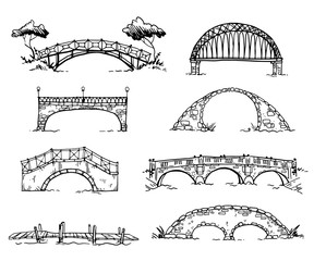 set of various hand drawn bridges, vector sketch - 349384235