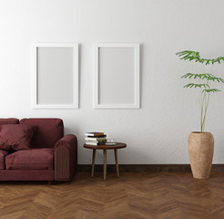 3D generated image mock up style with conterporary interior and framed card board on the wall