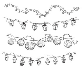 set of decorative light garlands, party decoration vector line art - 349384265