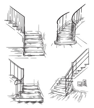 set of vector hand drawn staircases, interior design element.