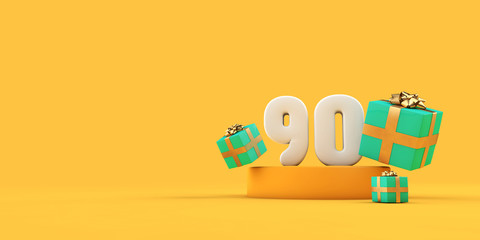 Happy 90th birthday number and gifts on a yellow podium. 3D Render