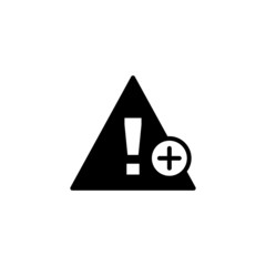 Warning triangle icon in black flat on white background, Error, alert, problem, failure icon with add sign, Warning triangle icon and new, plus, positive symbol