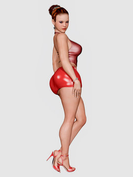 3d render of beautiful woman with curves and exuberant body with miniskirt and high heel