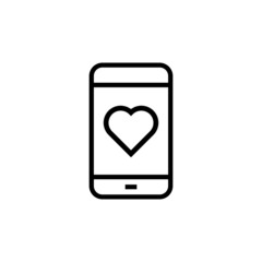 Smartphone or phone receiving message icon with heart sign, favorite, like, love, care symbol in outline style on white background,
