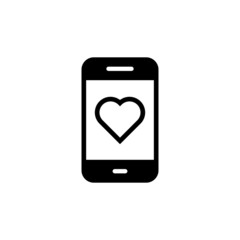 Smartphone or phone receiving message icon with heart sign, favorite, like, love, care symbol in black flat designe on white background,