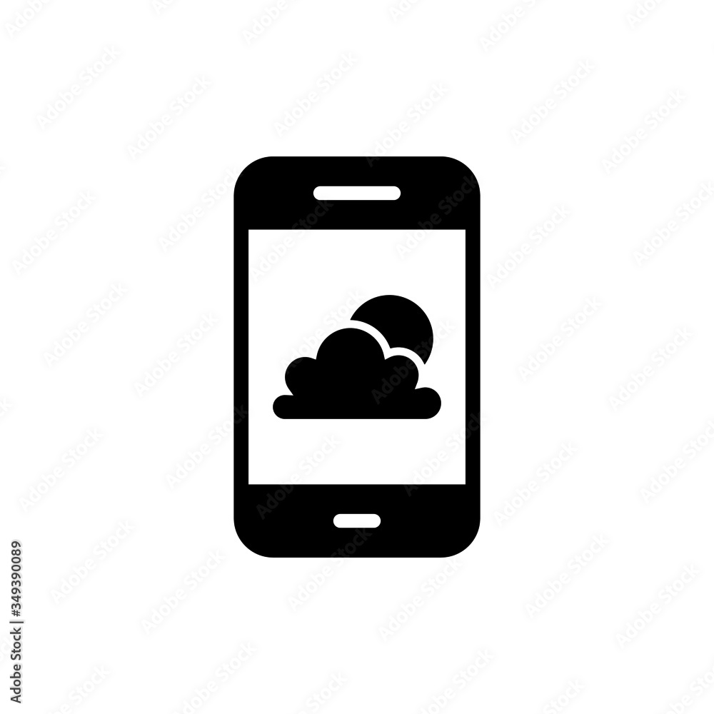 Poster mobile weather app icon in black flat design on white background, linear style sign for mobile conce