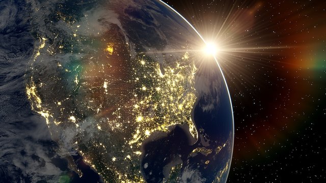 realistic united states of america from space, night usa from space, east coast of the usa from space 3d render