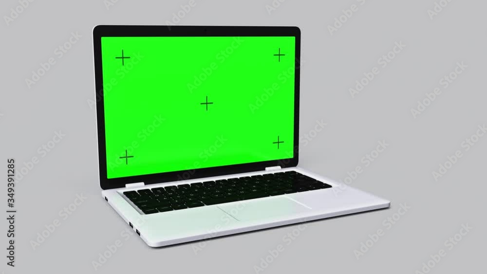 Poster modern laptop with a green screen on a gray background. 4k animation with alpha channel. ability to 