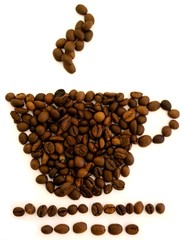 Cup of coffee made by beans. Composition with coffee cup and steam made from beans. Cup of coffee made from beans with smoke isolated on white background. Hot espresso or cappuccino made of grains.