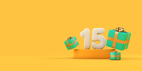 Happy 15th birthday number and gifts on a yellow podium. 3D Render