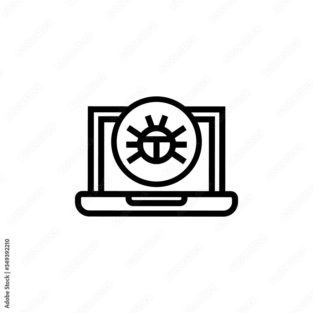 Poster malware on laptop display icon in outline style on white background, virus computer bug icon, softwa