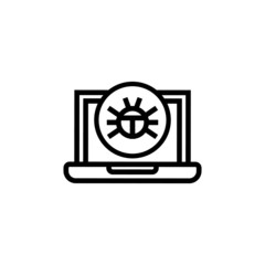 Malware on laptop display icon in outline style on white background, Virus computer bug icon, Software Bug icon