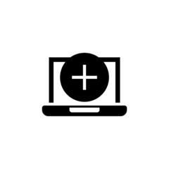 Laptop icon with add sign icon in black flat on white background, Notebook icon and new, plus, positive symbol 