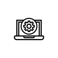 Laptop icon with settings sign icon in outline style on white background, Notebook icon and customize, setup, manage, process symbol 