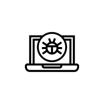 Malware on laptop display icon in outline style on white background, Virus computer bug icon, Software Bug icon