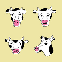 Farm cow set. Funny cartoon character logo vector mascot fun cow head Illustration