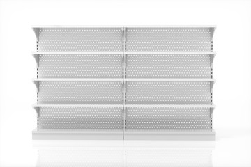 Empty supermarket shelves with white background, 3d rendering.
