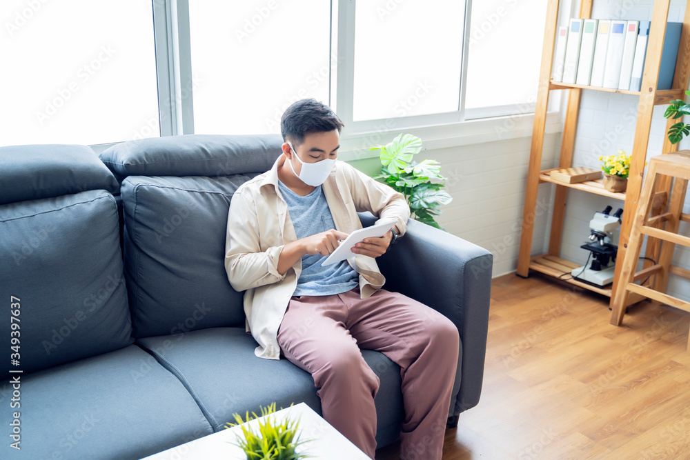 Poster working from home web designing graphical user interface ux ui, asian man wearing protective mask us