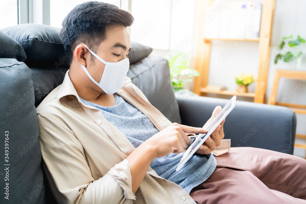 Poster working from home web designing graphical user interface ux ui, asian man wearing protective mask us