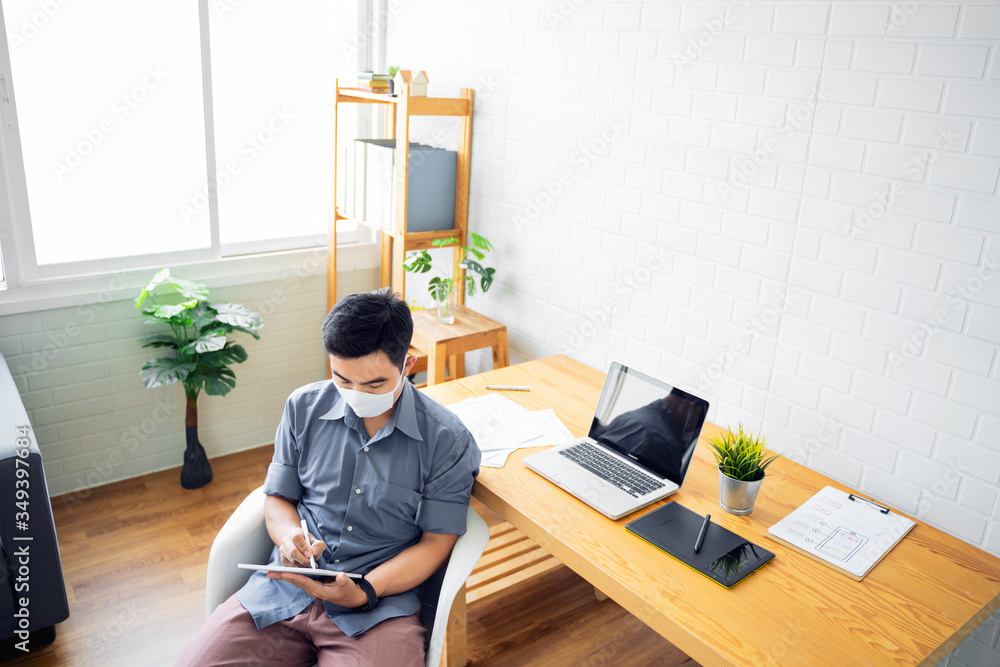 Poster working from home web designing graphical user interface ux ui, in office drawing using tablet devic