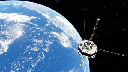 realistic satellite in orbit of the Earth, artificial satellite of telecommunications, satellite...