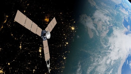 realistic satellite in orbit of the Earth, artificial satellite of telecommunications, satellite communications from Earth orbit, probe in Earth orbit 3d render