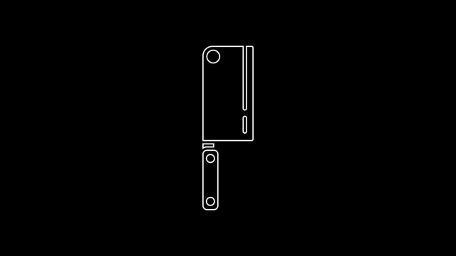 White line Meat chopper icon isolated on black background. Kitchen knife for meat. Butcher knife. 4K Video motion graphic animation