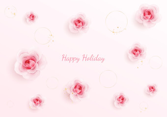 Peach roses floating on soft pink background with gold glitter. Valentine's day, mother's, women's flowers pattern design concept