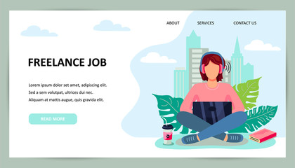 Freelance or online studying concept. Female person is sitting on urban view background and working on laptop. Place for text. Flat cartoon style design. Vector illustration.
