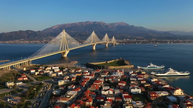 4k footage of Rio&ndash;Antirrio Bridge and Antirrio ferry station