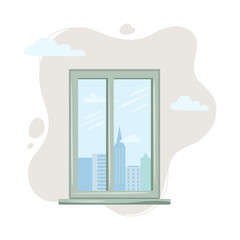 City view window. Great for home and office interior. Vector illustration. Flat style design.