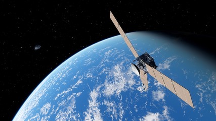 realistic satellite in orbit of the Earth, artificial satellite of telecommunications, satellite communications from Earth orbit, probe in Earth orbit 3d render