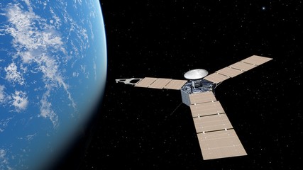 realistic satellite in orbit of the Earth, artificial satellite of telecommunications, satellite communications from Earth orbit, probe in Earth orbit 3d render