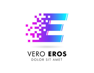 Letter E logo design template. Letter E logo in pixel motion style with gradient color.