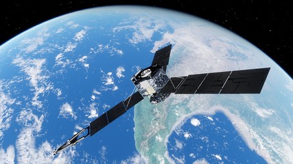 realistic satellite in orbit of the Earth, artificial satellite of telecommunications, satellite communications from Earth orbit, probe in Earth orbit 3d render