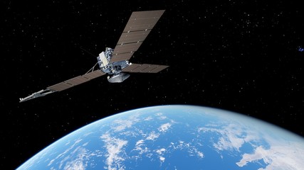 realistic satellite in orbit of the Earth, artificial satellite of telecommunications, satellite communications from Earth orbit, probe in Earth orbit 3d render © Aleksandr