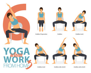 Infographic of 6 Yoga poses for office syndrome when working at home in flat design. Beauty woman is exercise for strength on office chair. Set of yoga postures infographic . Flat character vector.