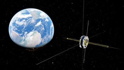 realistic satellite in orbit of the Earth, artificial satellite of telecommunications, satellite communications from Earth orbit, probe in Earth orbit 3d render