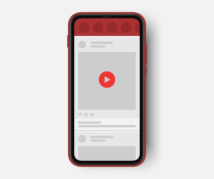 video sharing socail media post in light theme. cellphone mockup. red play button,