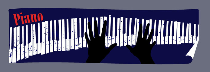 Silhouetted hands play music on a grunge covered piano keyboard in this vector illustration about pianos.  © Rob Goebel