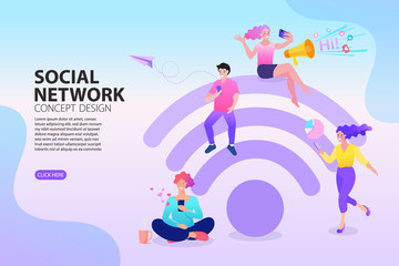 People sitting on a big wifi sign. People in free internet zone using mobile gadgets. Vector illustration in flat style