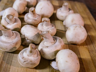 White mushrooms on wooden tablefor vegan food