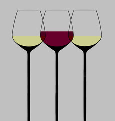 Wine glasses are seen in a modern stylish graphic illustration. Red wine is in one of the glasses. This is a vector illustration.