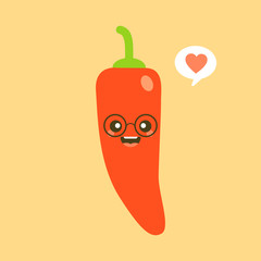 Funny red character pepper. Spicy chili in style of kawaii, with eyes, smile and rosy cheeks. Decorative design element. Useful vegetable for healthy lifestyle. Flat vector.