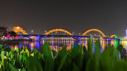 Danang, Vietnam, May 10, 2020: Dragon bridge cross Han river at Danang city in Vietnam.