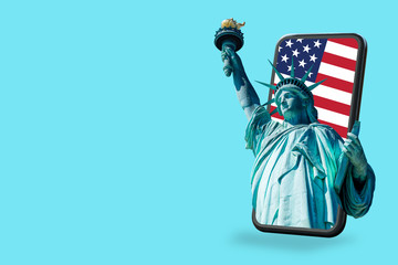 Smartphone pop up for advertising.The Statue of Liberty through screen moblie with USA Flag...