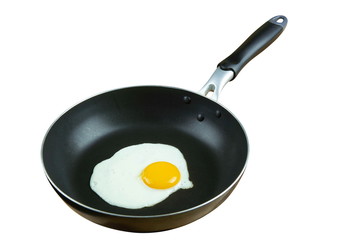 Fried egg and pan on isolated background