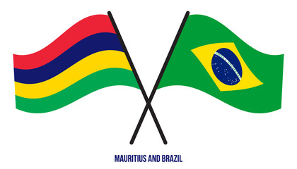 Mauritius and Brazil Flags Crossed And Waving Flat Style. Official Proportion. Correct Colors